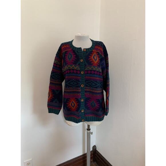 Y2K VTG Nomadic Traders Cardigan Sweater Geometric Aztec Knit Boho Wool Peru - Picture 10 of 15
